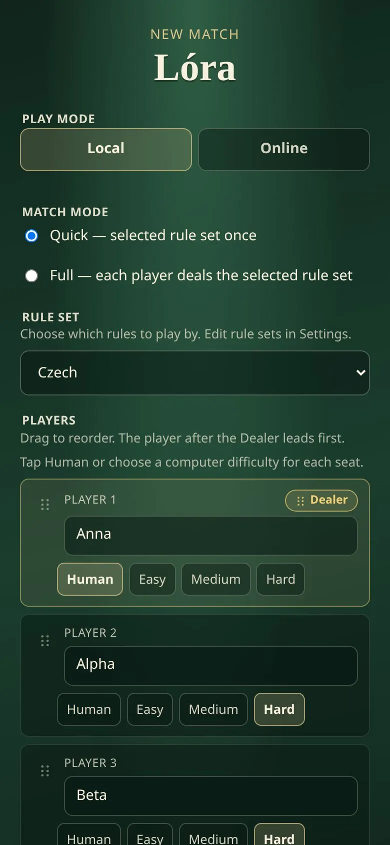 Lorum match setup on a phone