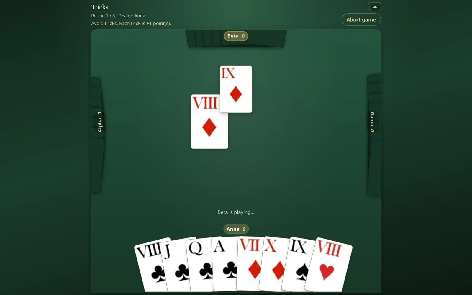 Lorum table during a No Tricks round, four players around a green felt